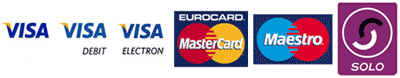 Cards accepted - VISA, VISA Debit, VISA Electron, Eurocard Mastercard, Maestro and Solo